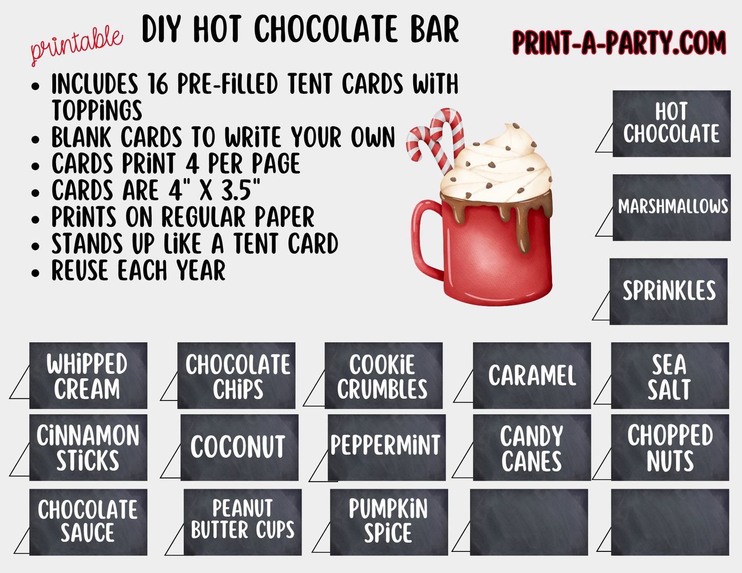 Hot Chocolate Bar Printable Sign (8x10) + Topping Tent Cards - Holiday Fall Winter Parties + Events