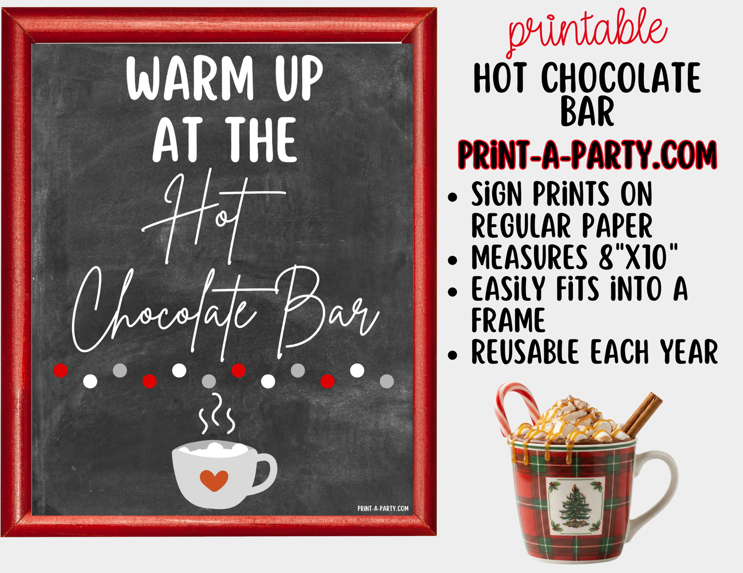 Hot Chocolate Bar Printable Sign (8x10) + Topping Tent Cards - Holiday Fall Winter Parties + Events