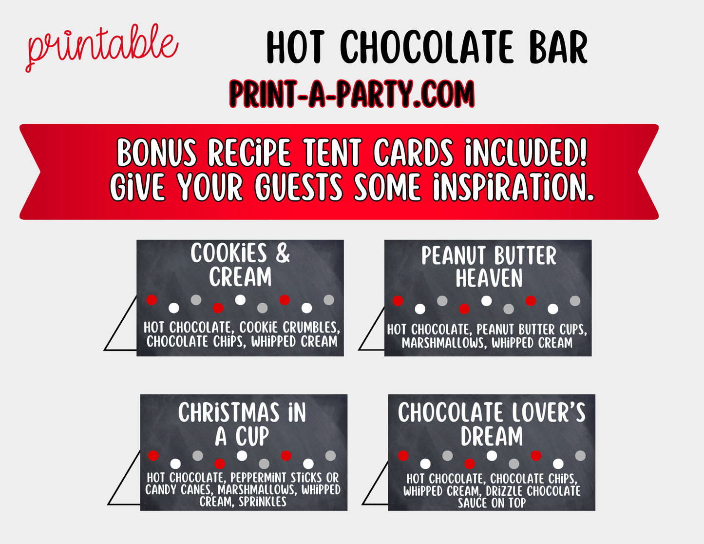 Hot Chocolate Bar Printable Sign (8x10) + Topping Tent Cards - Holiday Fall Winter Parties + Events