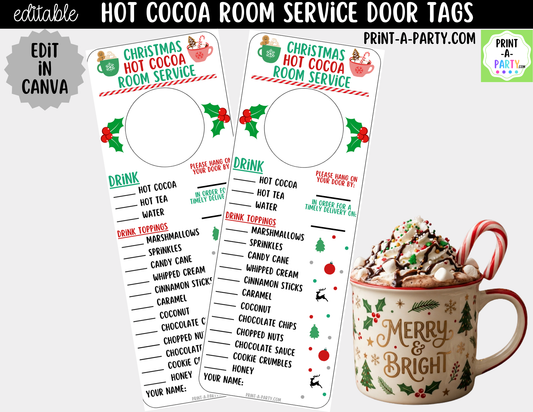 Editable Hot Cocoa Room Service Door Tags - Printable Christmas Appreciation Gift for Teachers and Staff