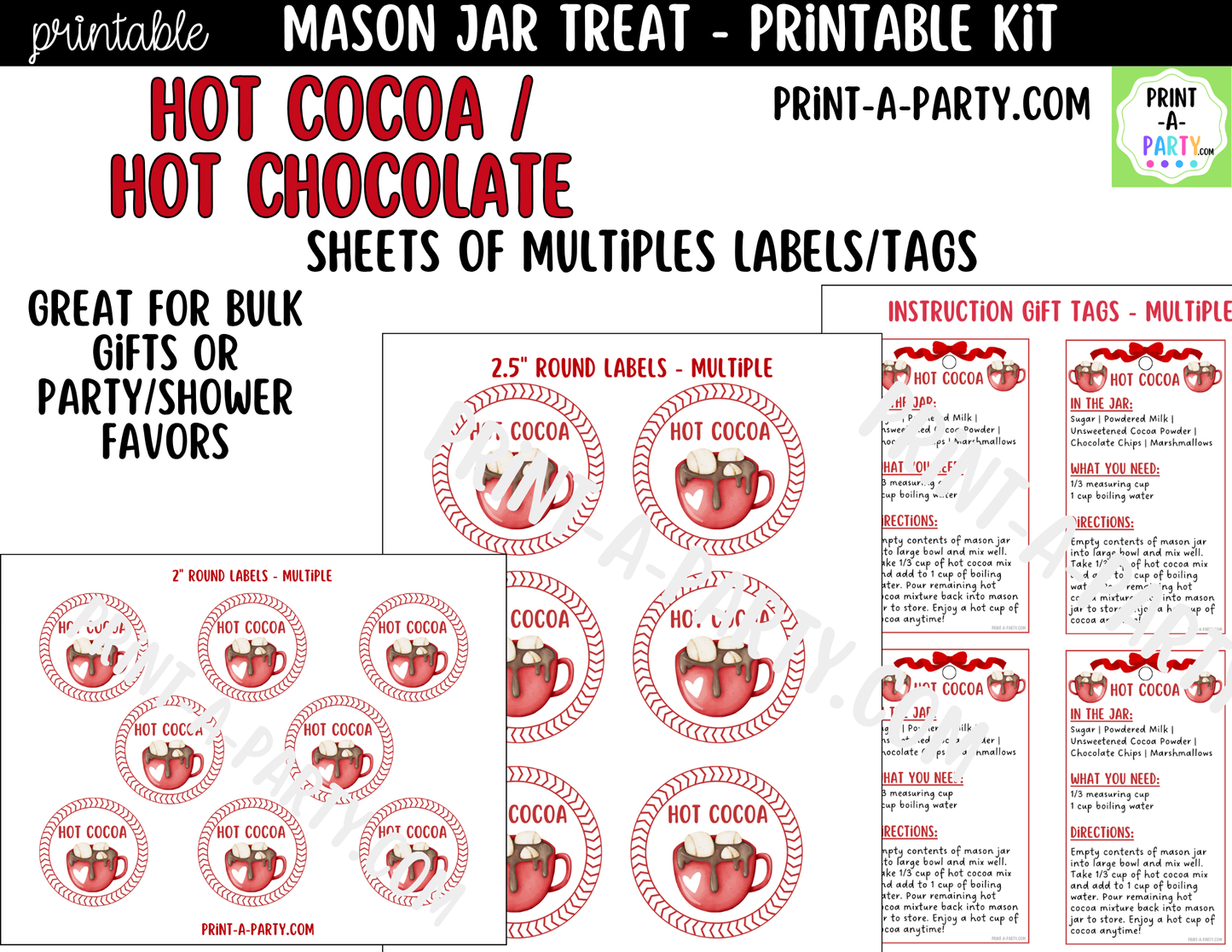 Hot Cocoa Mix in a Mason Jar Gift Printable Kit - Labels, Tag, Recipe & Instructions