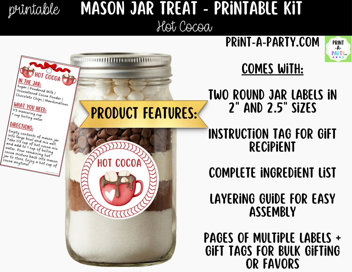Hot Cocoa Mix in a Mason Jar Gift Printable Kit - Labels, Tag, Recipe & Instructions