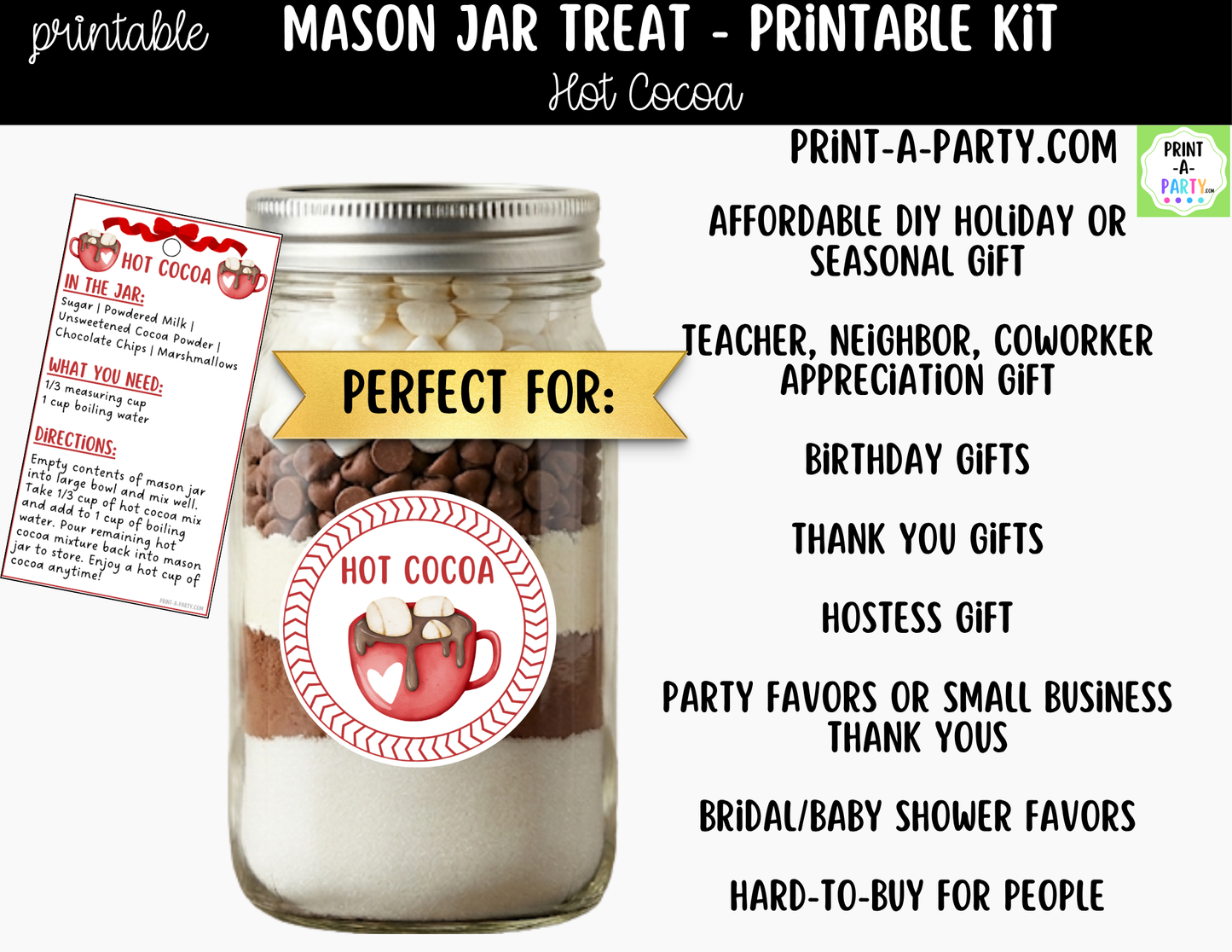 Hot Cocoa Mix in a Mason Jar Gift Printable Kit - Labels, Tag, Recipe & Instructions