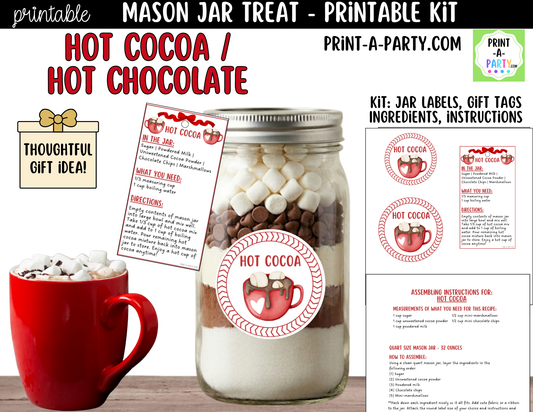 Hot Cocoa Mix in a Mason Jar Gift Printable Kit - Labels, Tag, Recipe & Instructions