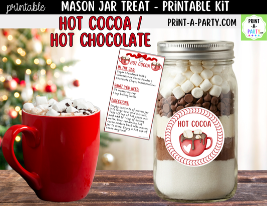 Hot Cocoa Mix in a Mason Jar Gift Printable Kit - Labels, Tag, Recipe & Instructions