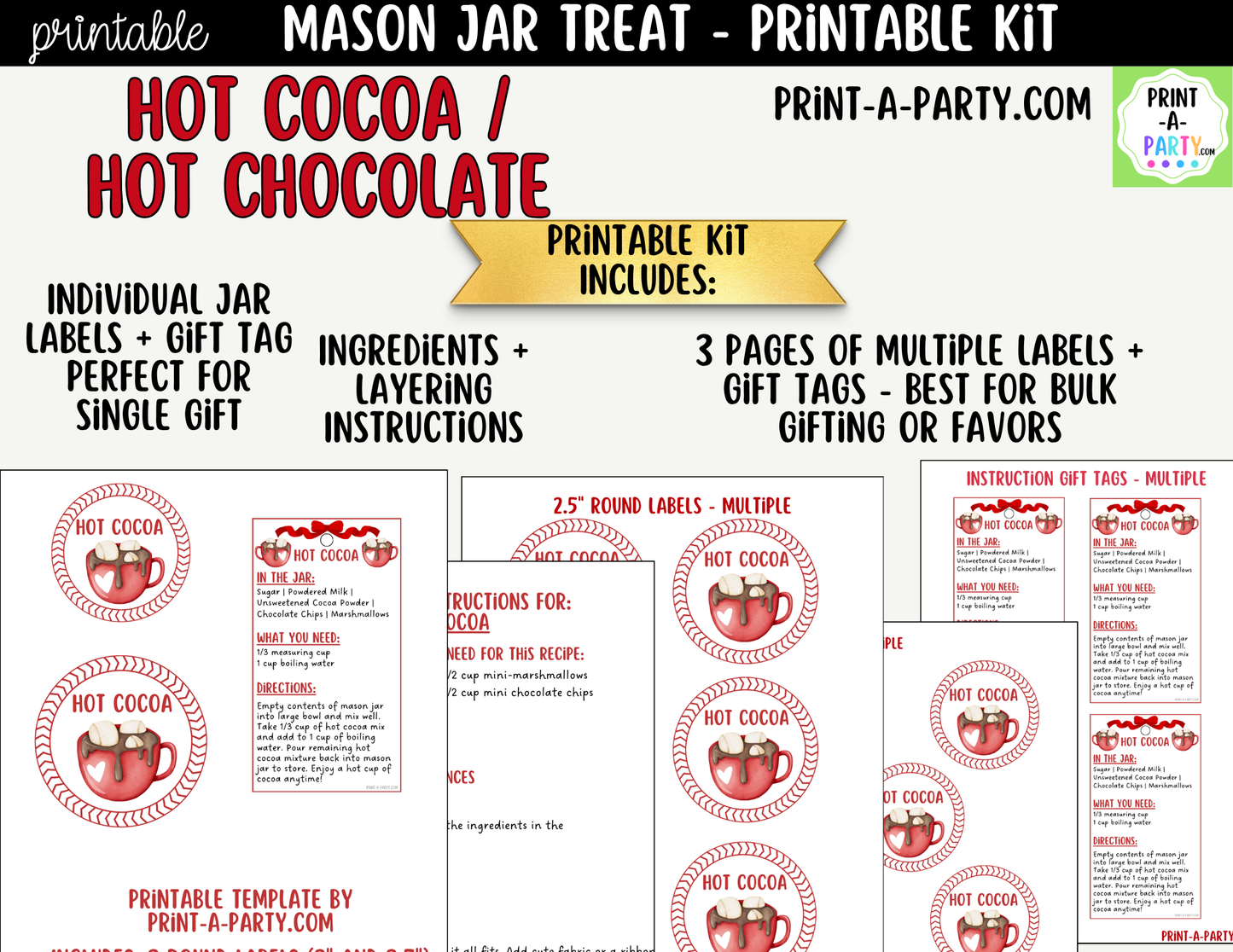 Hot Cocoa Mix in a Mason Jar Gift Printable Kit - Labels, Tag, Recipe & Instructions