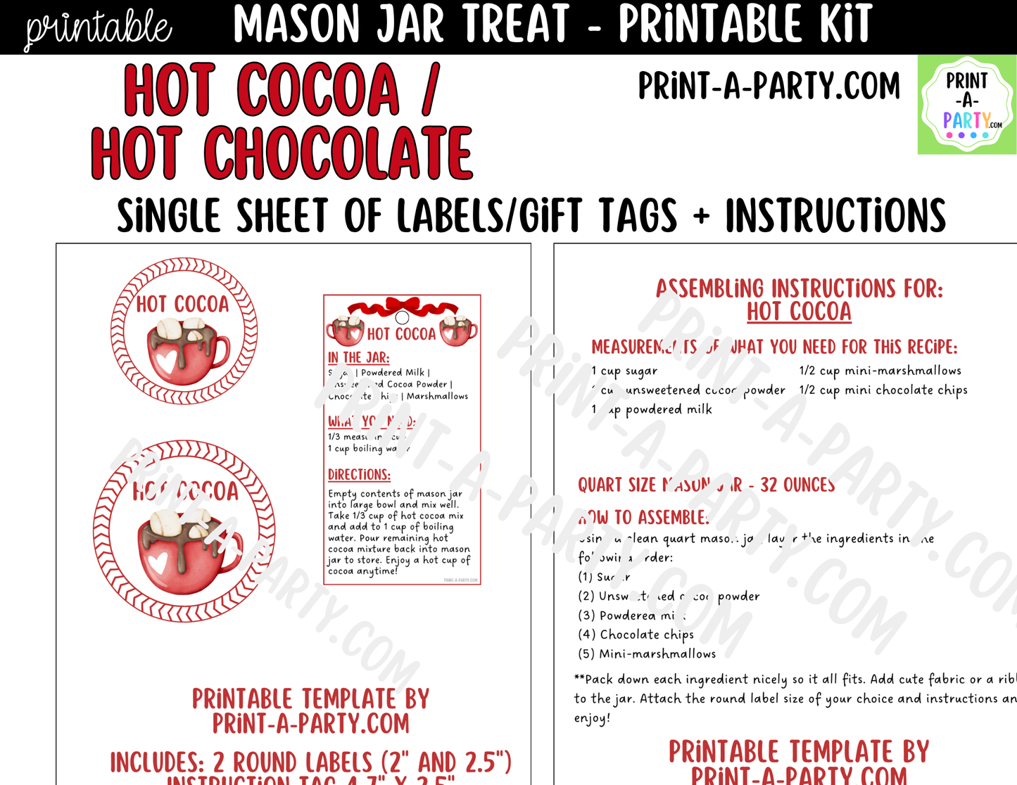 Hot Cocoa Mix in a Mason Jar Gift Printable Kit - Labels, Tag, Recipe & Instructions
