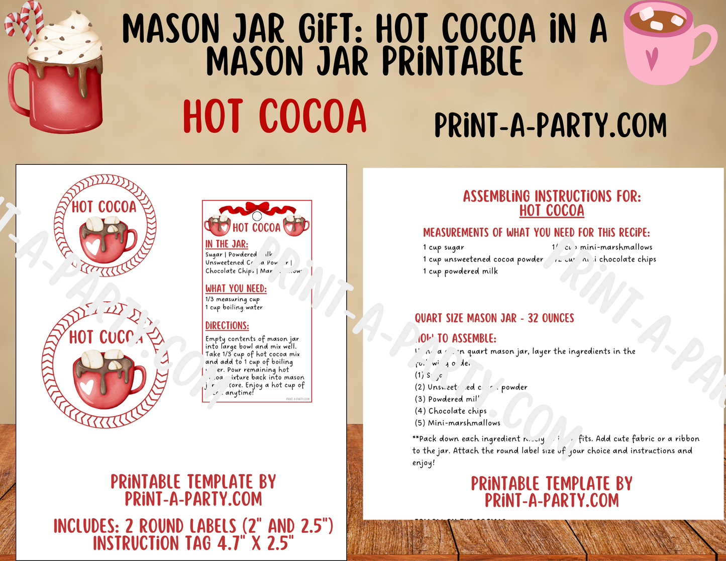 MASON JAR GIFT: Hot Cocoa in a Mason Jar Printable Kit -  DIY Gift Idea for Christmas, Valentine’s Day, & Winter Celebrations