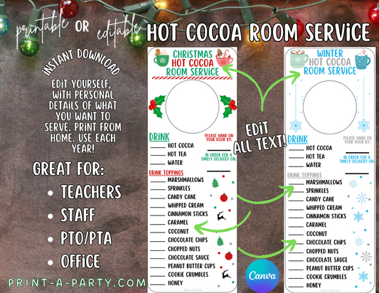 Holiday Appreciation HOT COCOA ROOM SERVICE DOOR TAGS - EDITABLE OR PRINTABLE | Holiday Appreciation | Teacher, School, Staff, Volunteer, Nurse, Employees | Appreciation Holiday