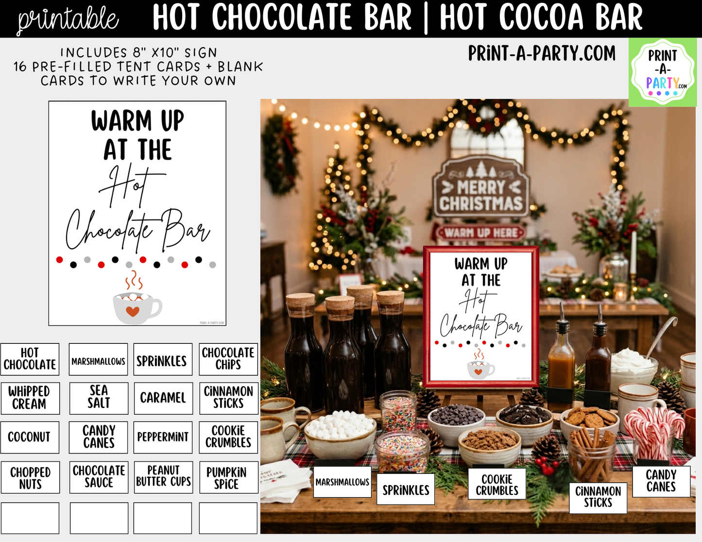 Hot Chocolate Bar Printable Sign (8x10) + Topping Tent Cards - Holiday Fall Winter Parties + Events