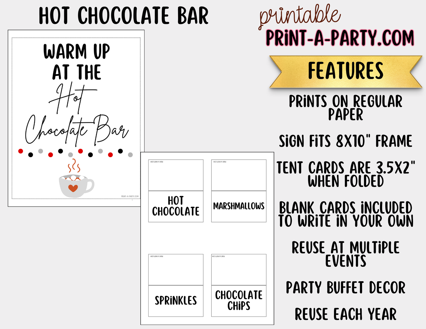 Hot Chocolate Bar Printable Sign (8x10) + Topping Tent Cards - Holiday Fall Winter Parties + Events