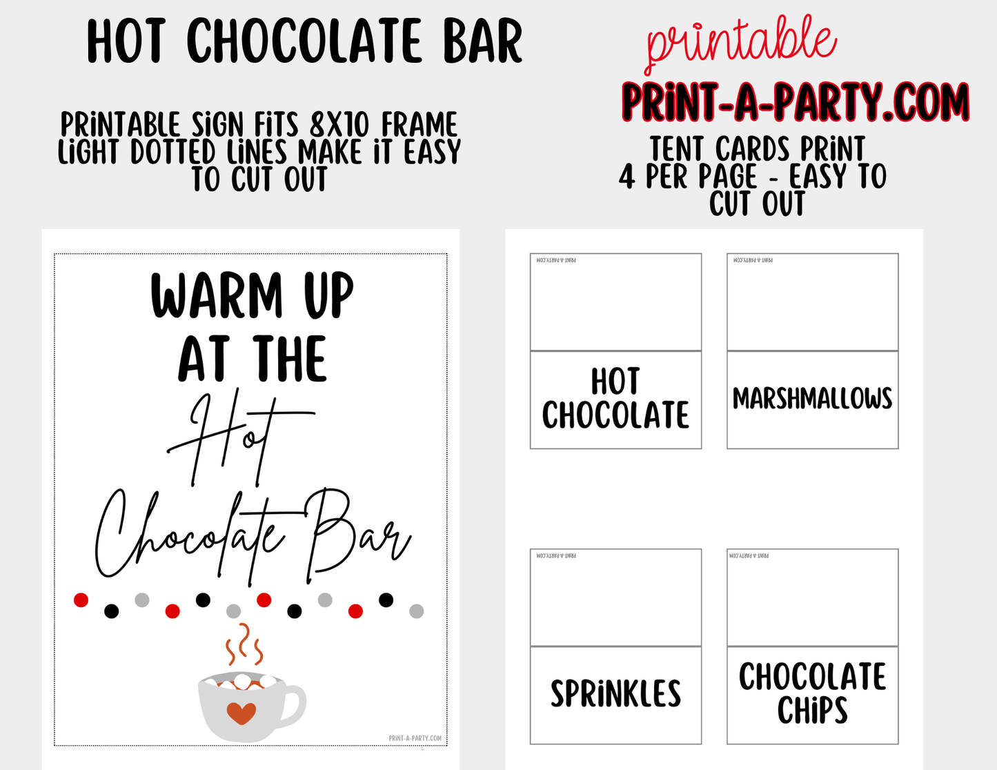 Hot Chocolate Bar Printable Sign (8x10) + Topping Tent Cards - Holiday Fall Winter Parties + Events