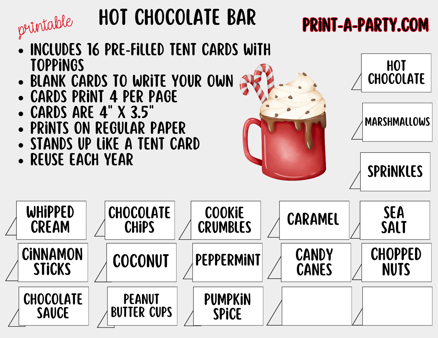 Hot Chocolate Bar Printable Sign (8x10) + Topping Tent Cards - Holiday Fall Winter Parties + Events