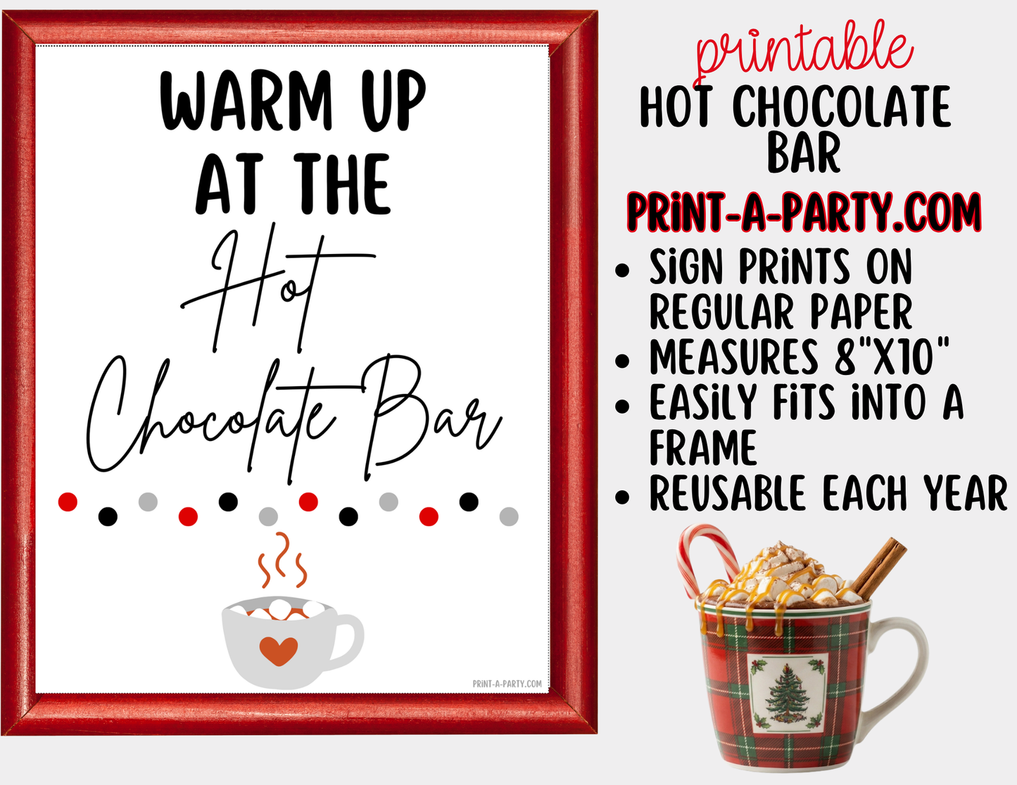 Hot Chocolate Bar Printable Sign (8x10) + Topping Tent Cards - Holiday Fall Winter Parties + Events