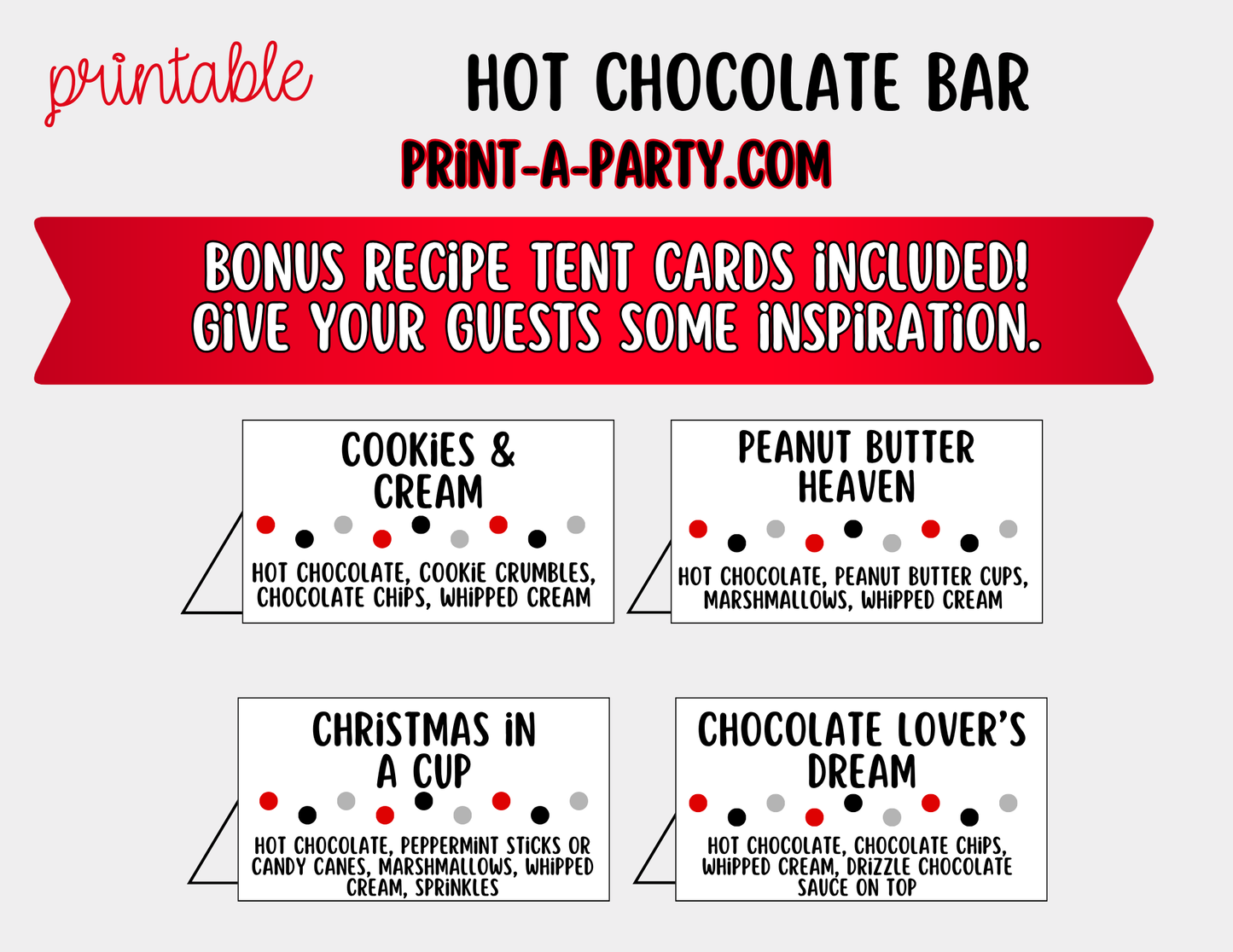Hot Chocolate Bar Printable Sign (8x10) + Topping Tent Cards - Holiday Fall Winter Parties + Events