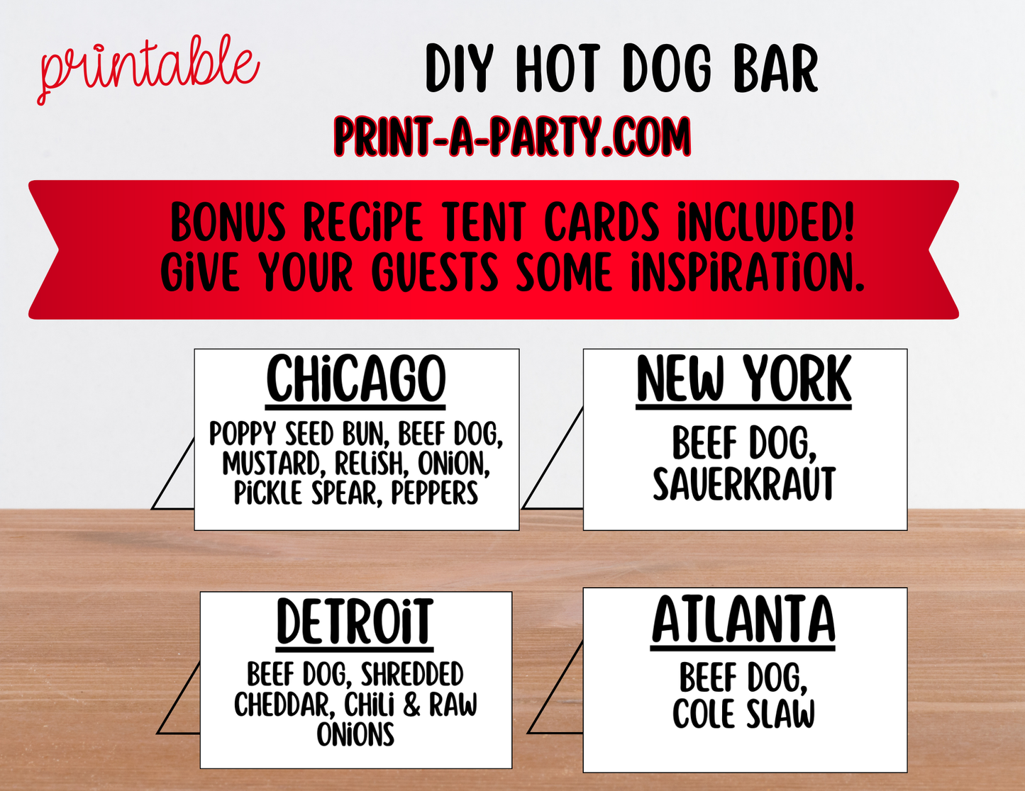 Hot Dog Bar Set – Printable Food Station Sign & Topping Tent Cards for Cookouts, Holidays, and Events