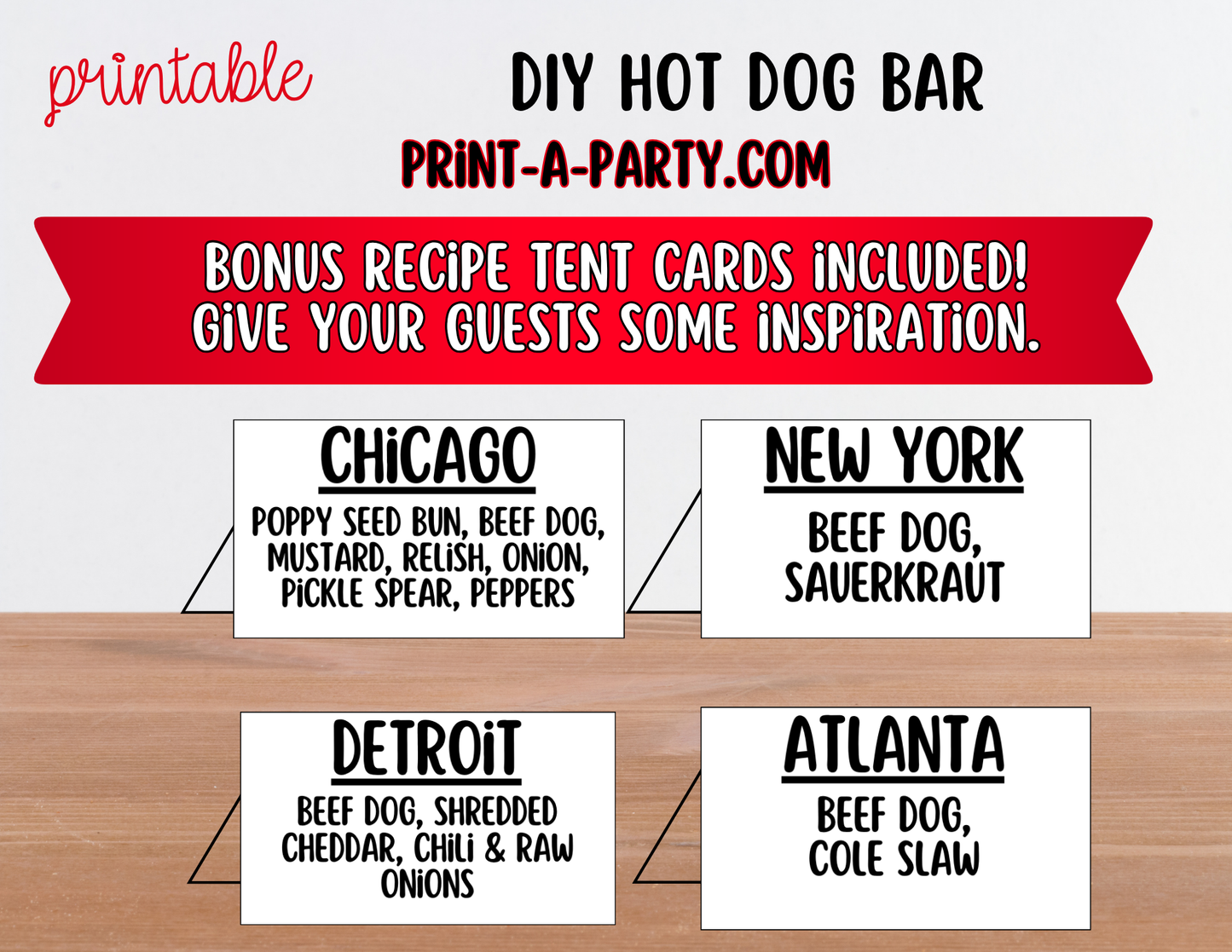 Hot Dog Bar Set – Printable Sign (8X10) & Topping Tent Cards for Cookouts, Holidays, and Events