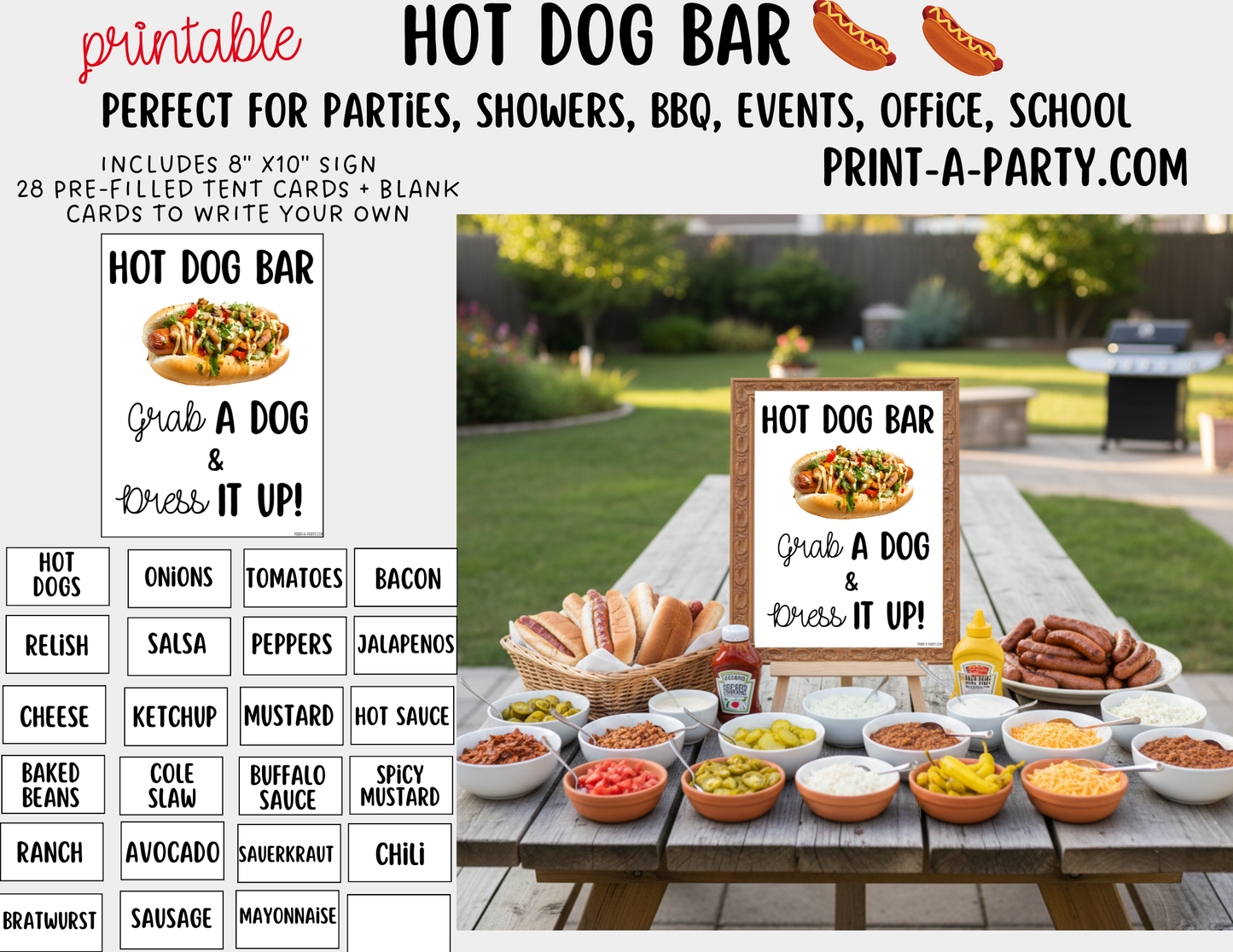 Hot Dog Bar Set – Printable Food Station Sign & Topping Tent Cards for Cookouts, Holidays, and Events