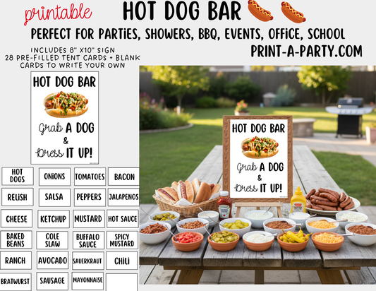 Hot Dog Bar Set – Printable Food Station Sign & Topping Tent Cards for Cookouts, Holidays, and Events