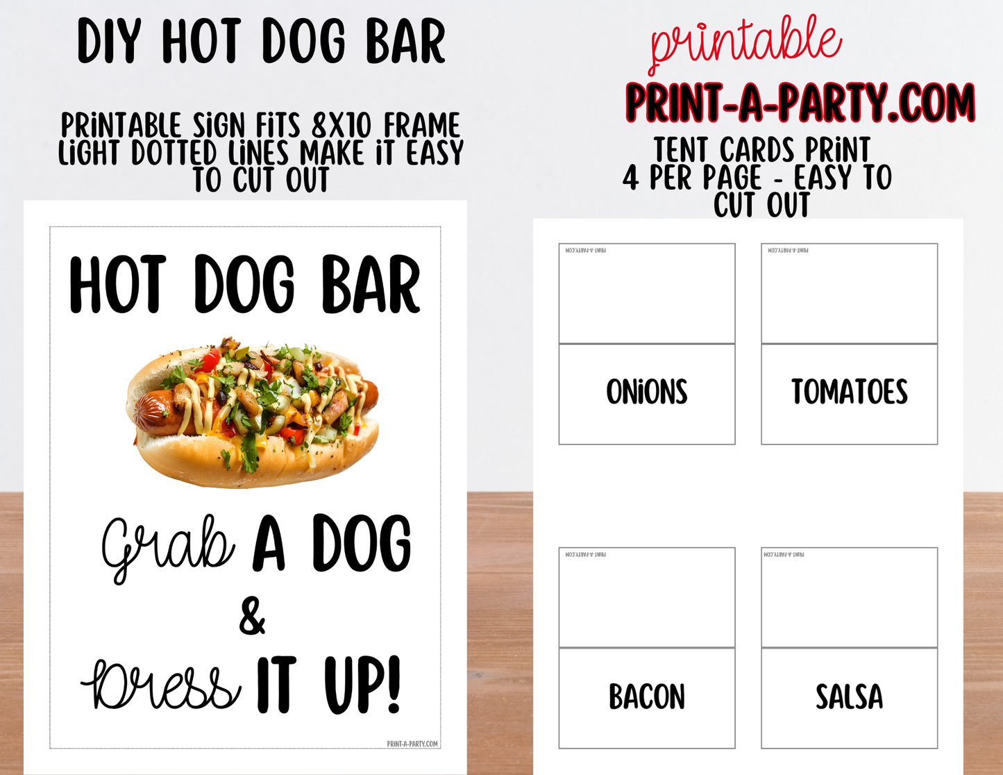 Hot Dog Bar Set – Printable Food Station Sign & Topping Tent Cards for Cookouts, Holidays, and Events