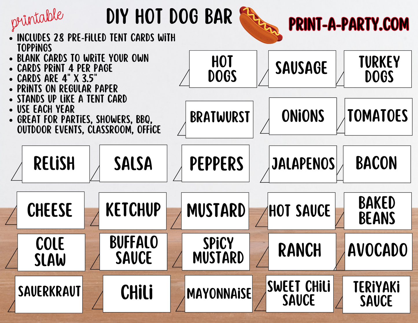 Hot Dog Bar Set – Printable Food Station Sign & Topping Tent Cards for Cookouts, Holidays, and Events