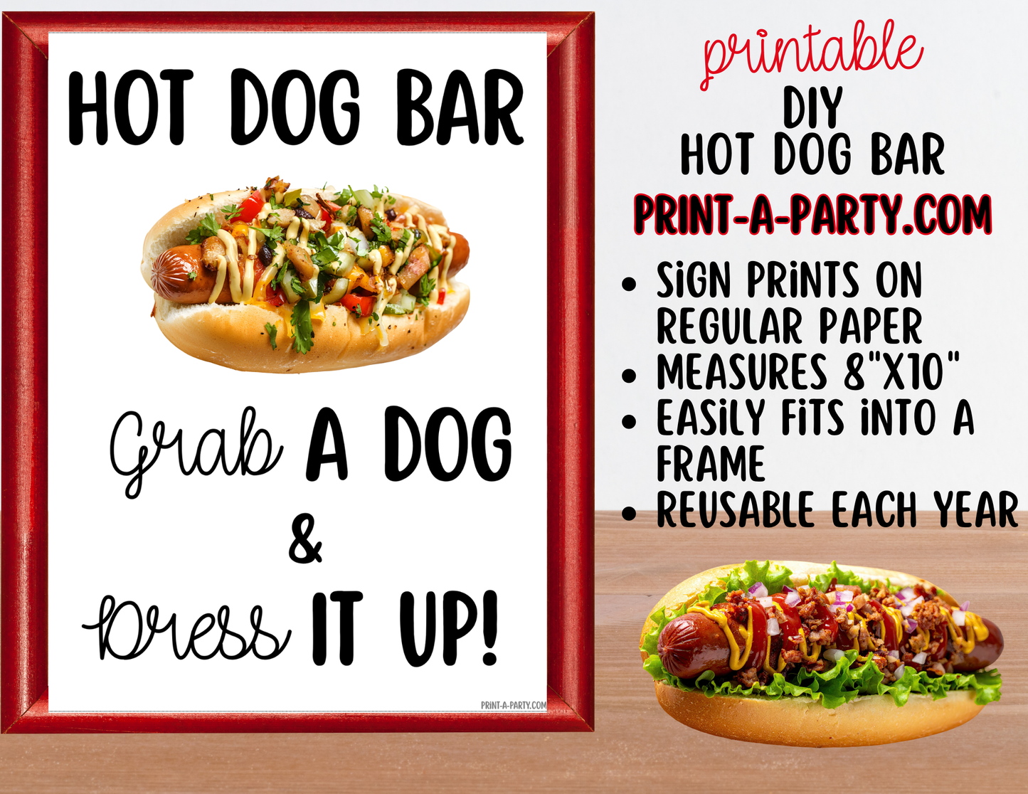 Hot Dog Bar Set – Printable Food Station Sign & Topping Tent Cards for Cookouts, Holidays, and Events