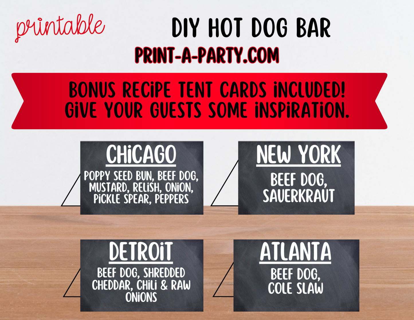 Hot Dog Bar Set – Printable Food Station Sign & Topping Tent Cards for Cookouts, Holidays, and Events