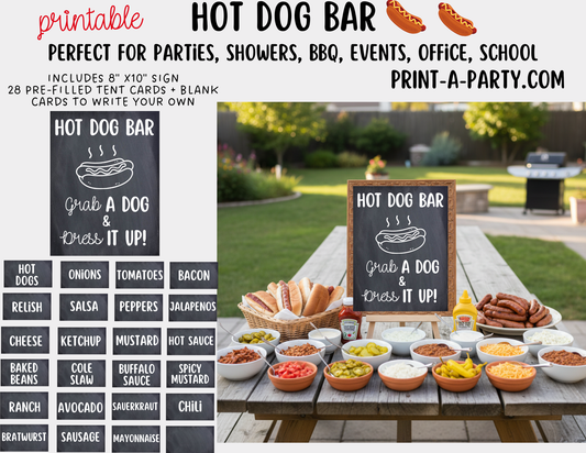 Hot Dog Bar Set – Printable Food Station Sign & Topping Tent Cards for Cookouts, Holidays, and Events