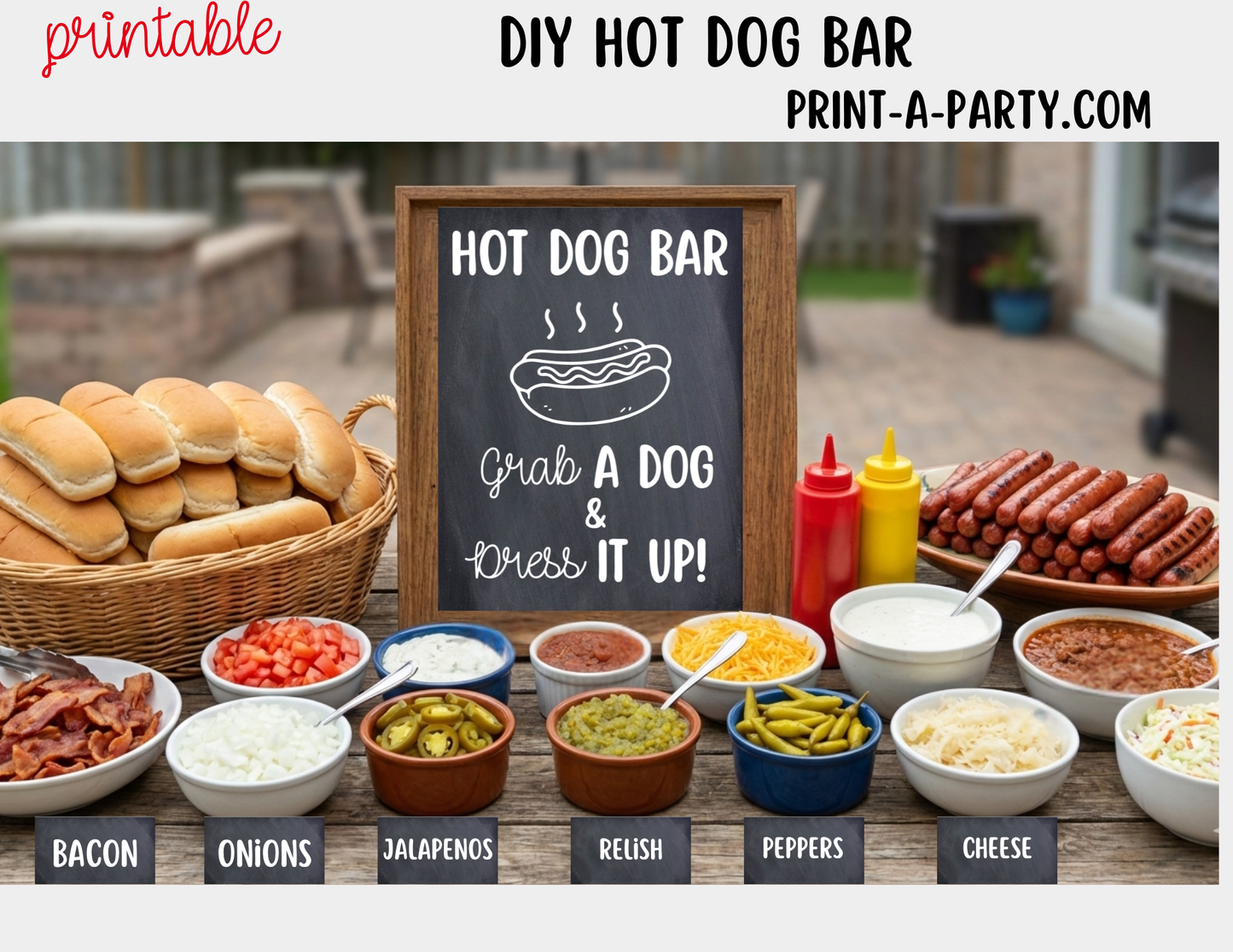 Hot Dog Bar Set – Printable Food Station Sign & Topping Tent Cards for Cookouts, Holidays, and Events