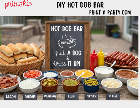 Hot Dog Bar Set – Printable Food Station Sign & Topping Tent Cards for Cookouts, Holidays, and Events