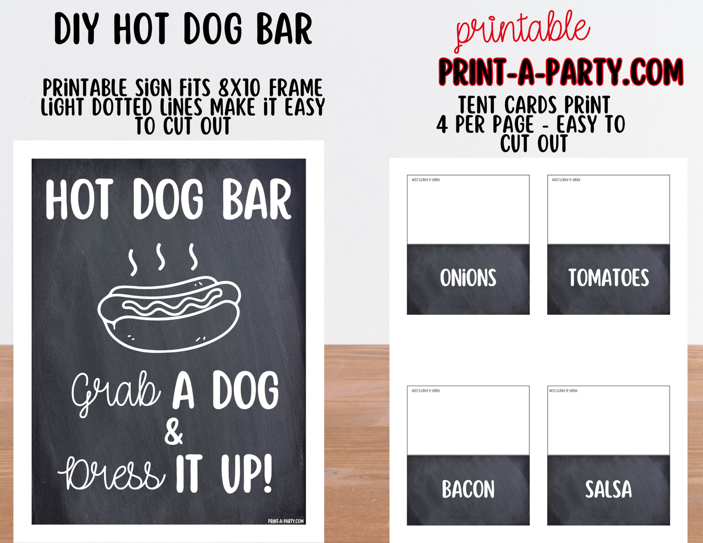 Hot Dog Bar Set – Printable Food Station Sign & Topping Tent Cards for Cookouts, Holidays, and Events