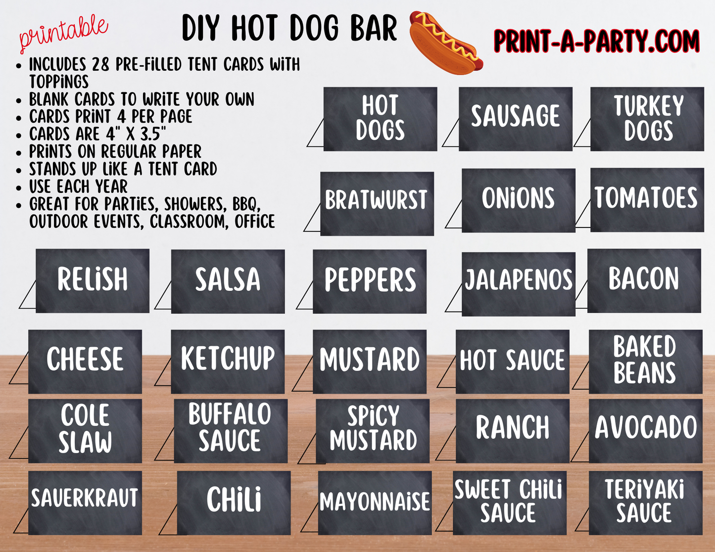 Hot Dog Bar Set – Printable Food Station Sign & Topping Tent Cards for Cookouts, Holidays, and Events