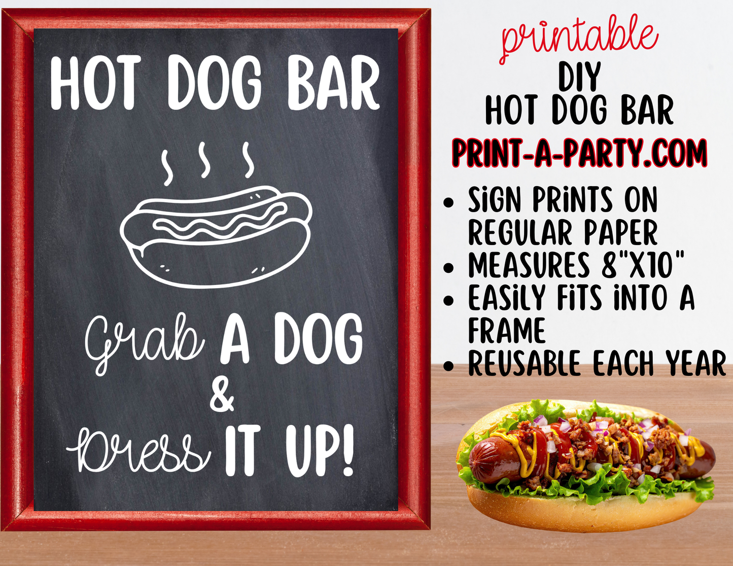 Hot Dog Bar Set – Printable Food Station Sign & Topping Tent Cards for Cookouts, Holidays, and Events