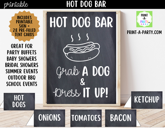 Hot Dog Bar Set – Printable Sign (8X10) & Topping Tent Cards for Cookouts, Holidays, and Events