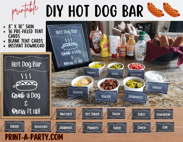 HOT DOG BAR | HOT DOG STATION Setup | Hot Dog Sign | Hot Dog Labels | Make Your Own Hot Dogs Buffet | Food Station for Party | Food Bar for Party | 4th of July | Summer Parties | Instant Download Printable