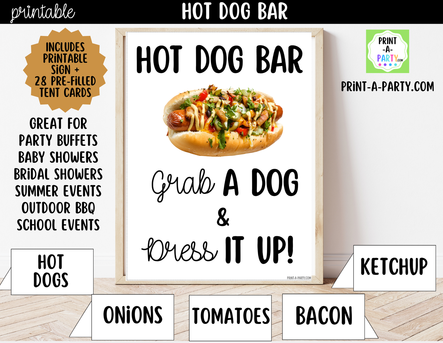 Hot Dog Bar Set – Printable Sign (8X10) & Topping Tent Cards for Cookouts, Holidays, and Events