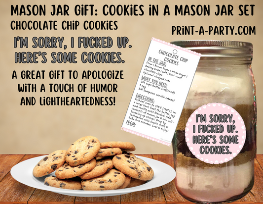 MASON JAR COOKIE GIFT: Apology (Dark Humor) Chocolate Chip Cookies in a Mason Jar | I'm Sorry I Fucked Up. Here's Some Cookies gift | Mason Jar Gift Kit | Mason Jar Gift Idea | Apology Gift Idea