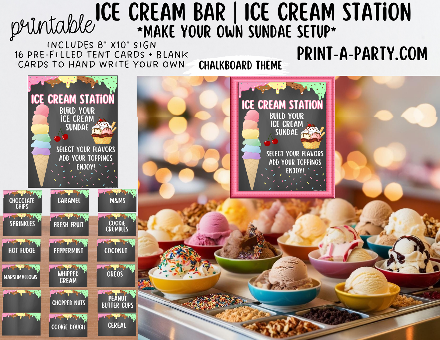 Ice Cream Bar Printable – Dessert Station Sign & Topping Tent Cards for Parties and Celebrations
