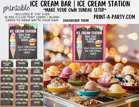 Ice Cream Bar Printable – Dessert Station Sign & Topping Tent Cards for Parties and Celebrations