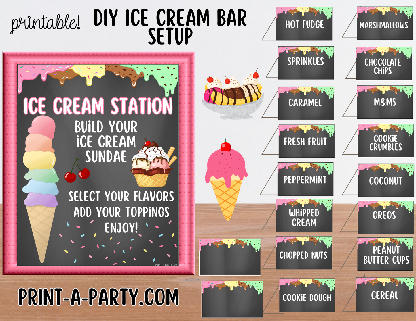 Ice Cream Bar Printable – Dessert Station Sign & Topping Tent Cards for Parties and Celebrations