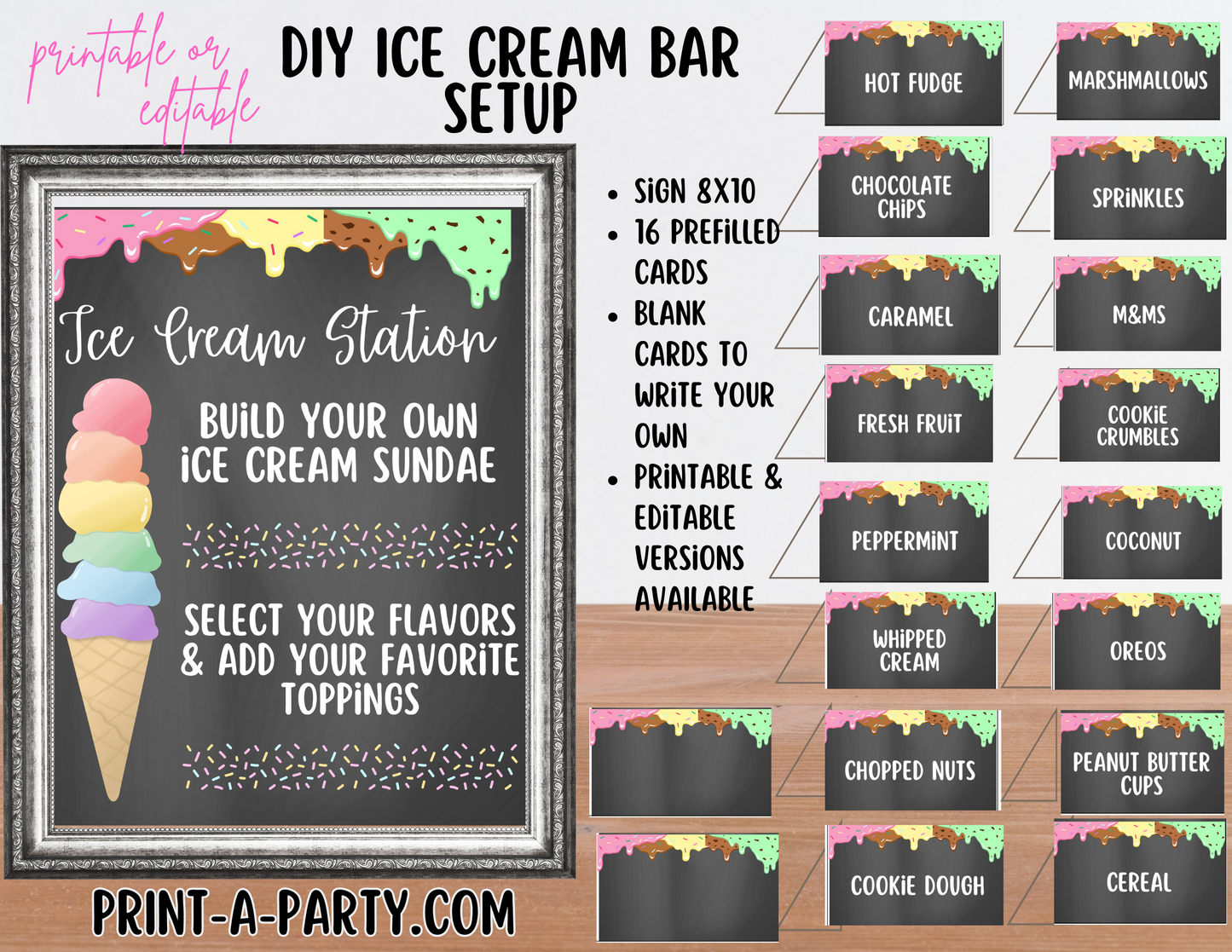 ICE CREAM BAR | ICE CREAM STATION - Chalkboard | Editable and Printable Options | Make your own Ice Cream Sundae Sign | Ice Cream Bar Labels | 4th of July | Summer Parties | Birthdays | Backyard Parties | Weddings | Showers | Class Parties