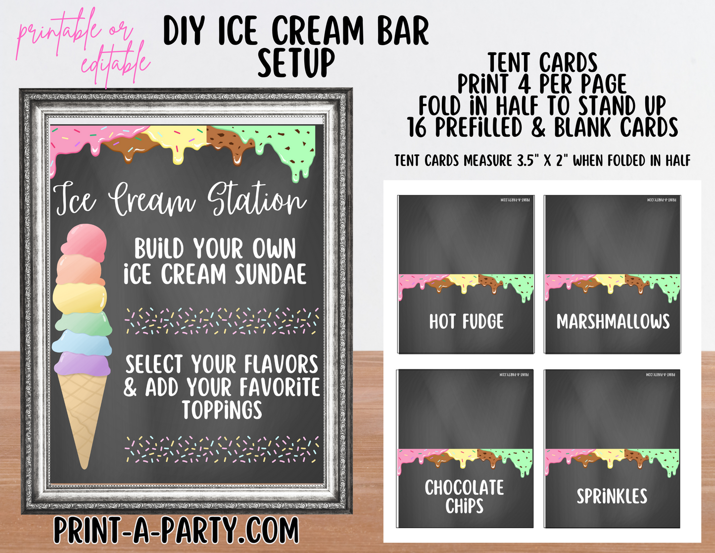 ICE CREAM BAR | ICE CREAM STATION - Chalkboard | Editable and Printable Options | Make your own Ice Cream Sundae Sign | Ice Cream Bar Labels | 4th of July | Summer Parties | Birthdays | Backyard Parties | Weddings | Showers | Class Parties