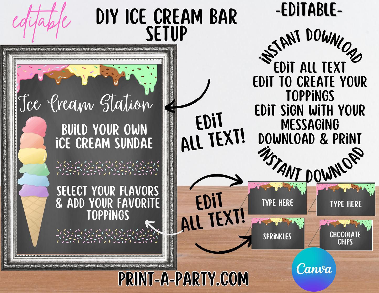 ICE CREAM BAR | ICE CREAM STATION - Chalkboard | Editable and Printable Options | Make your own Ice Cream Sundae Sign | Ice Cream Bar Labels | 4th of July | Summer Parties | Birthdays | Backyard Parties | Weddings | Showers | Class Parties