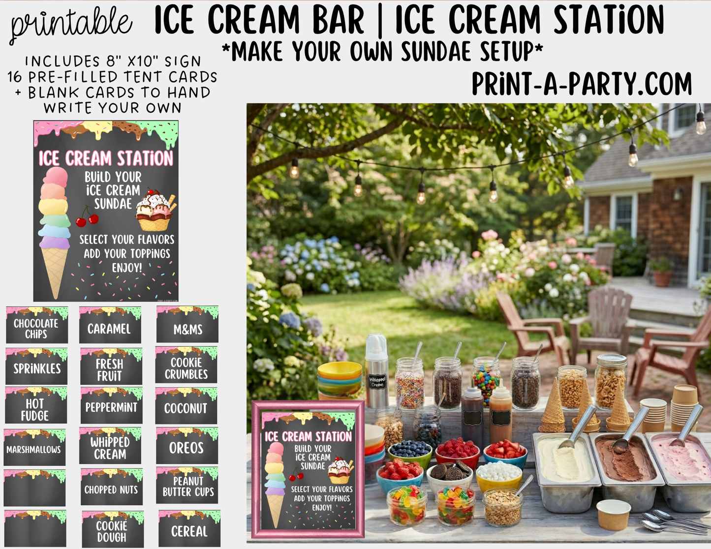 Ice Cream Sundae Bar Printable Sign (8x10) & Topping Tent Cards for Parties and Celebrations
