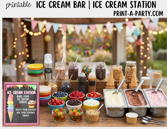 Ice Cream Sundae Bar Printable Sign (8x10) & Topping Tent Cards for Parties and Celebrations