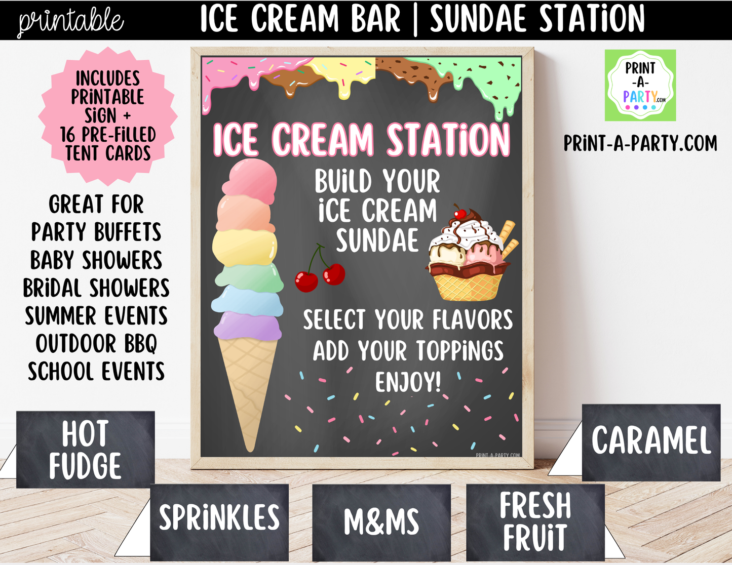 Ice Cream Sundae Bar Printable Sign (8x10) & Topping Tent Cards for Parties and Celebrations