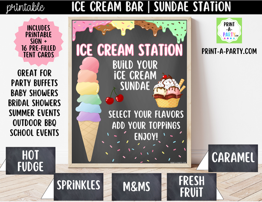 Ice Cream Sundae Bar Printable Sign (8x10) & Topping Tent Cards for Parties and Celebrations