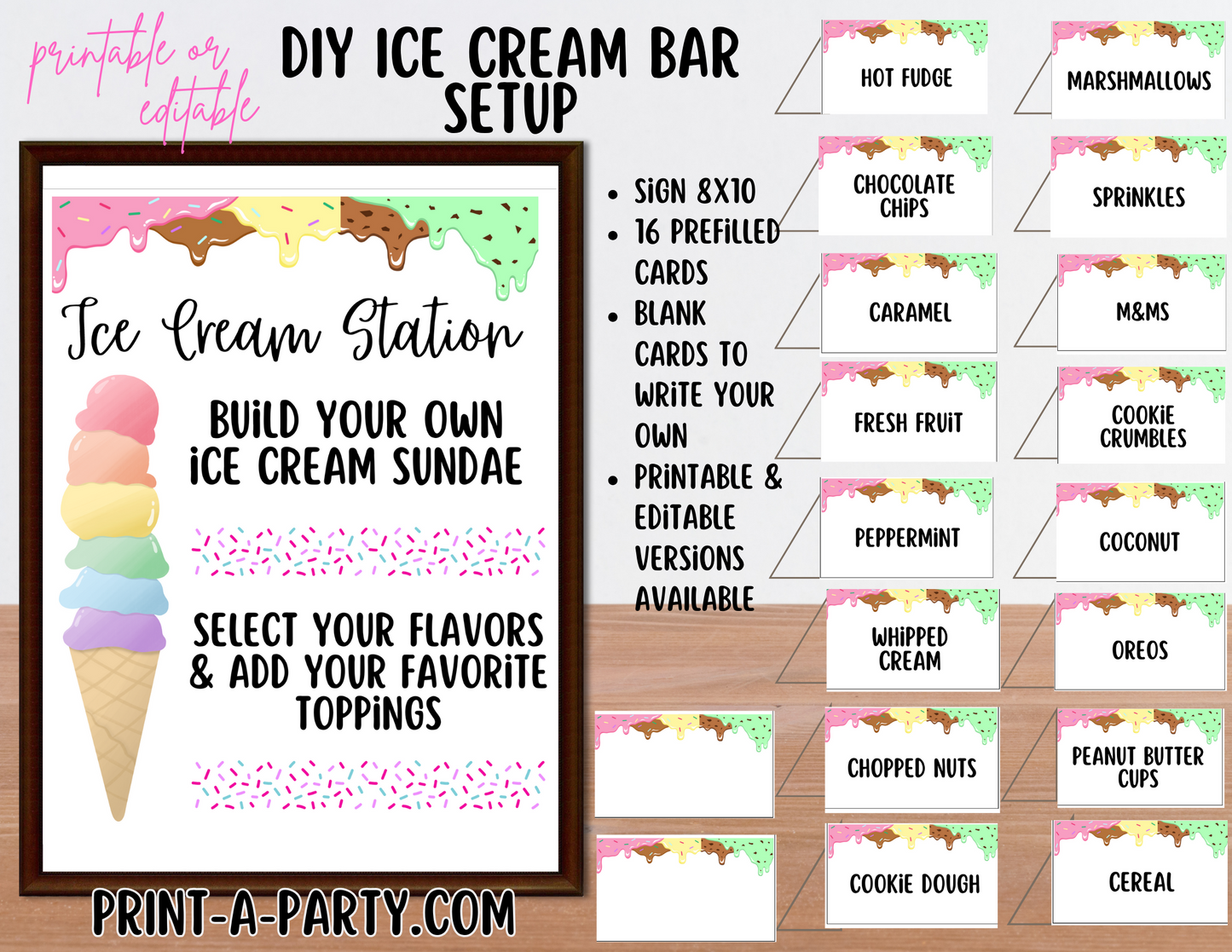 ICE CREAM BAR | ICE CREAM STATION - White | Editable and Printable Options | Make your own Ice Cream Sundae Sign | Ice Cream Bar Labels | 4th of July | Summer Parties | Backyard Party | Food Station for Party | Food Bar for Party