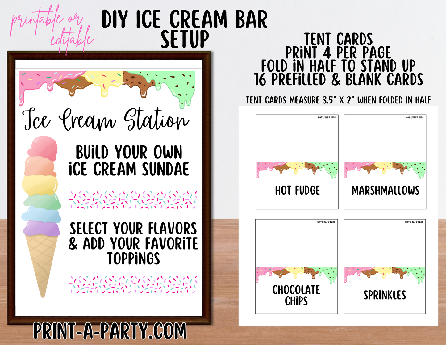 ICE CREAM BAR | ICE CREAM STATION - White | Editable and Printable Options | Make your own Ice Cream Sundae Sign | Ice Cream Bar Labels | 4th of July | Summer Parties | Backyard Party | Food Station for Party | Food Bar for Party