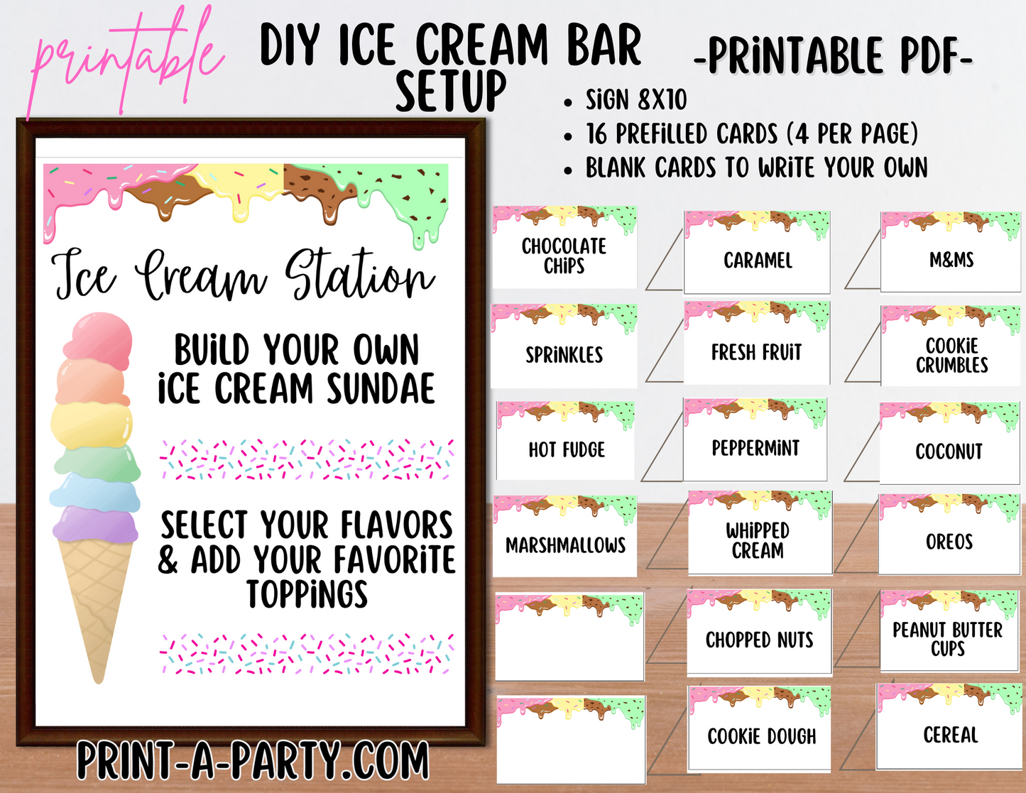 ICE CREAM BAR | ICE CREAM STATION - White | Editable and Printable Options | Make your own Ice Cream Sundae Sign | Ice Cream Bar Labels | 4th of July | Summer Parties | Backyard Party | Food Station for Party | Food Bar for Party